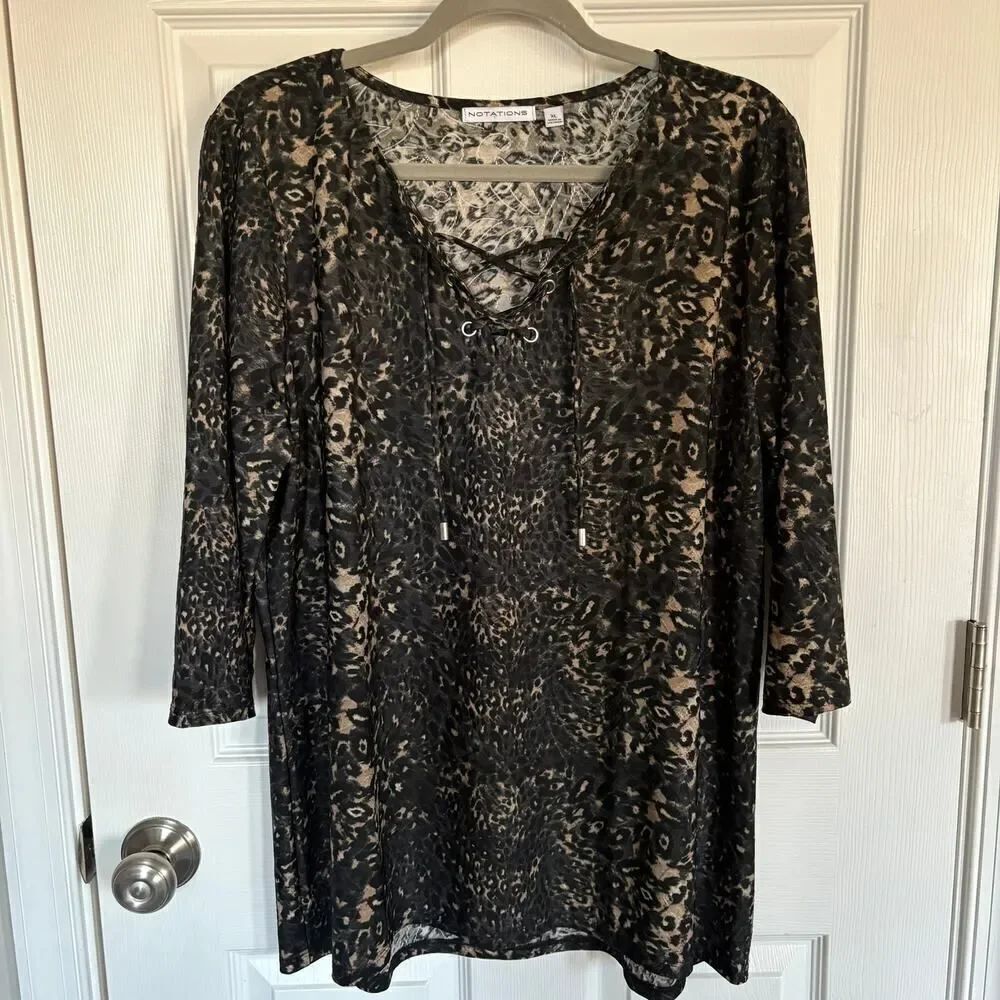 Notations Criss Cross Textured Leopard Print Blouse XL